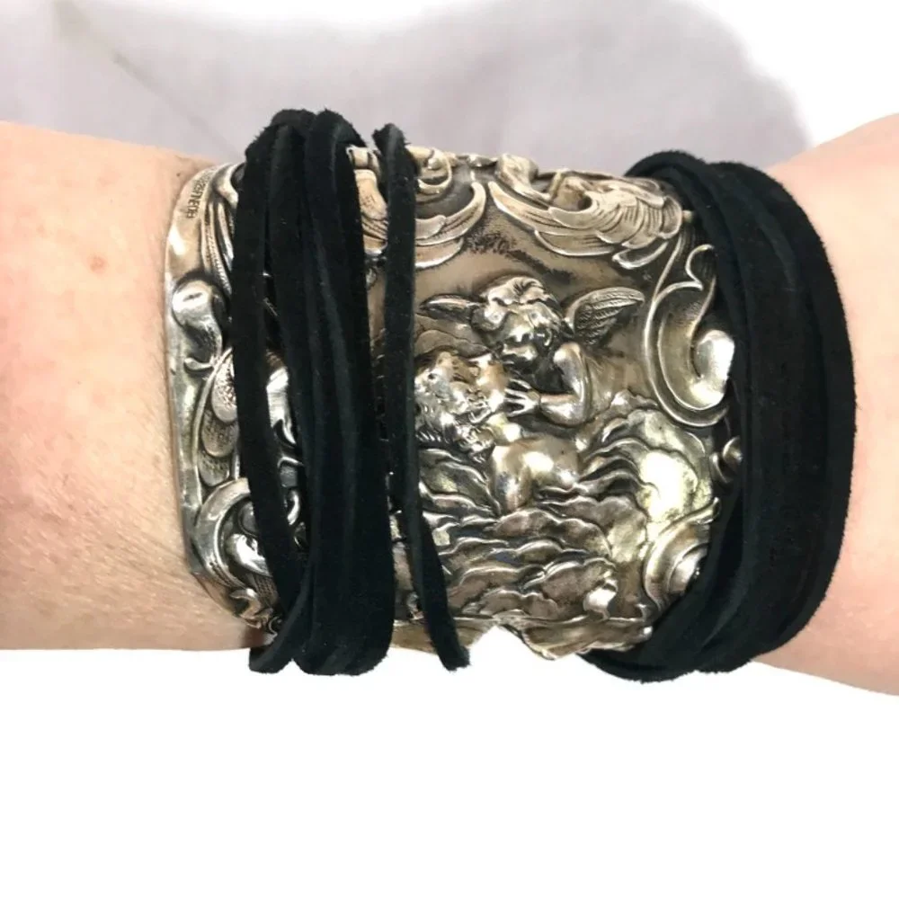 Antique Sterling Silver 925 Cuff Tie Wrap Bracelet Victorian Cherub Putti Biker - Picture 6 of 13